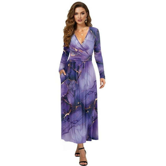 FKELYI Fall Maxi Dress for Women Long Sleeve A-Line Flowy Dresses with Side Pockets Marble Purple Gold Print V Neck Casual Dress for Spring Winter, 2XL