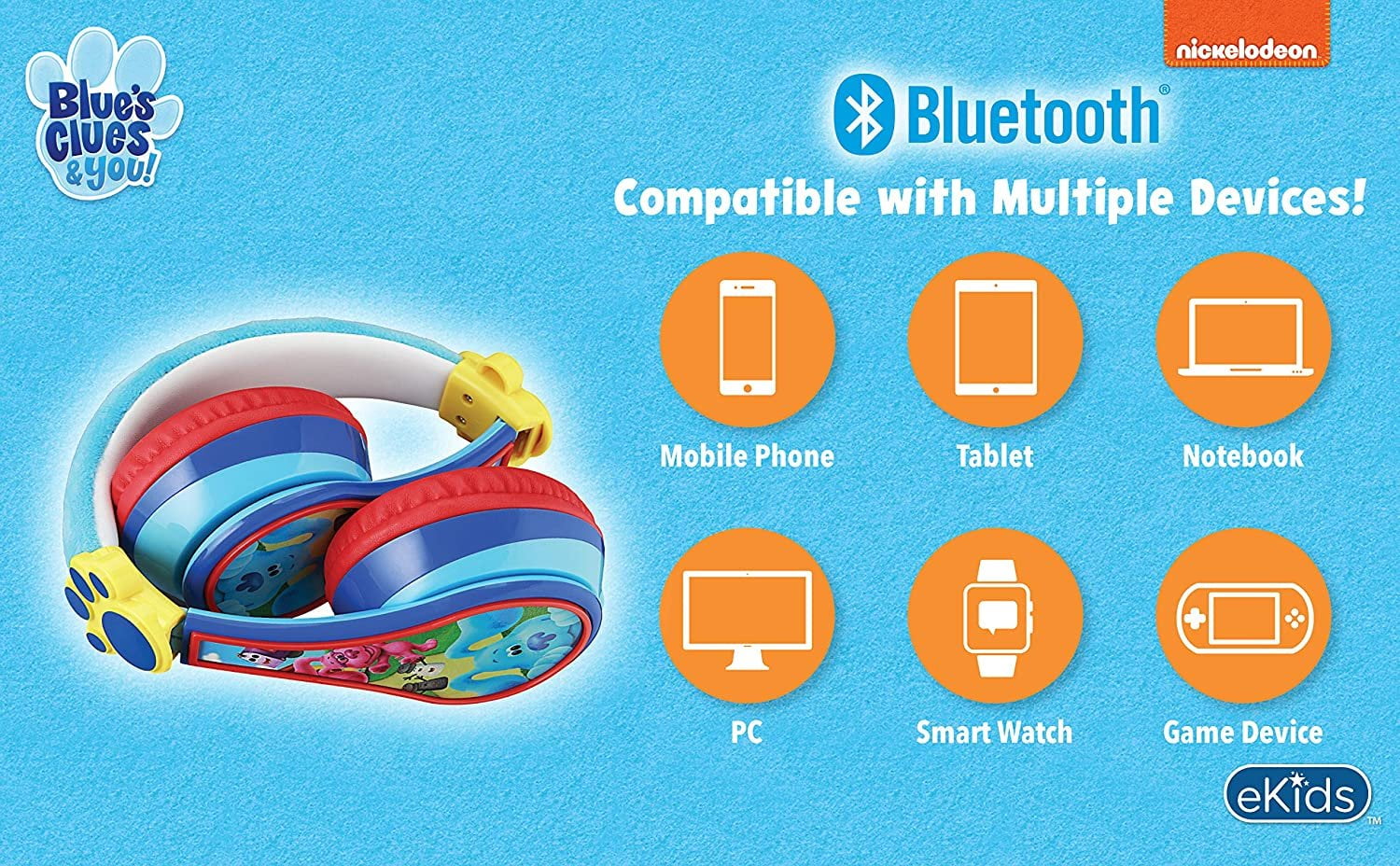 ekids Blue's Clues Bluetooth Headphones for Kids, Wireless Headphones with Microphone