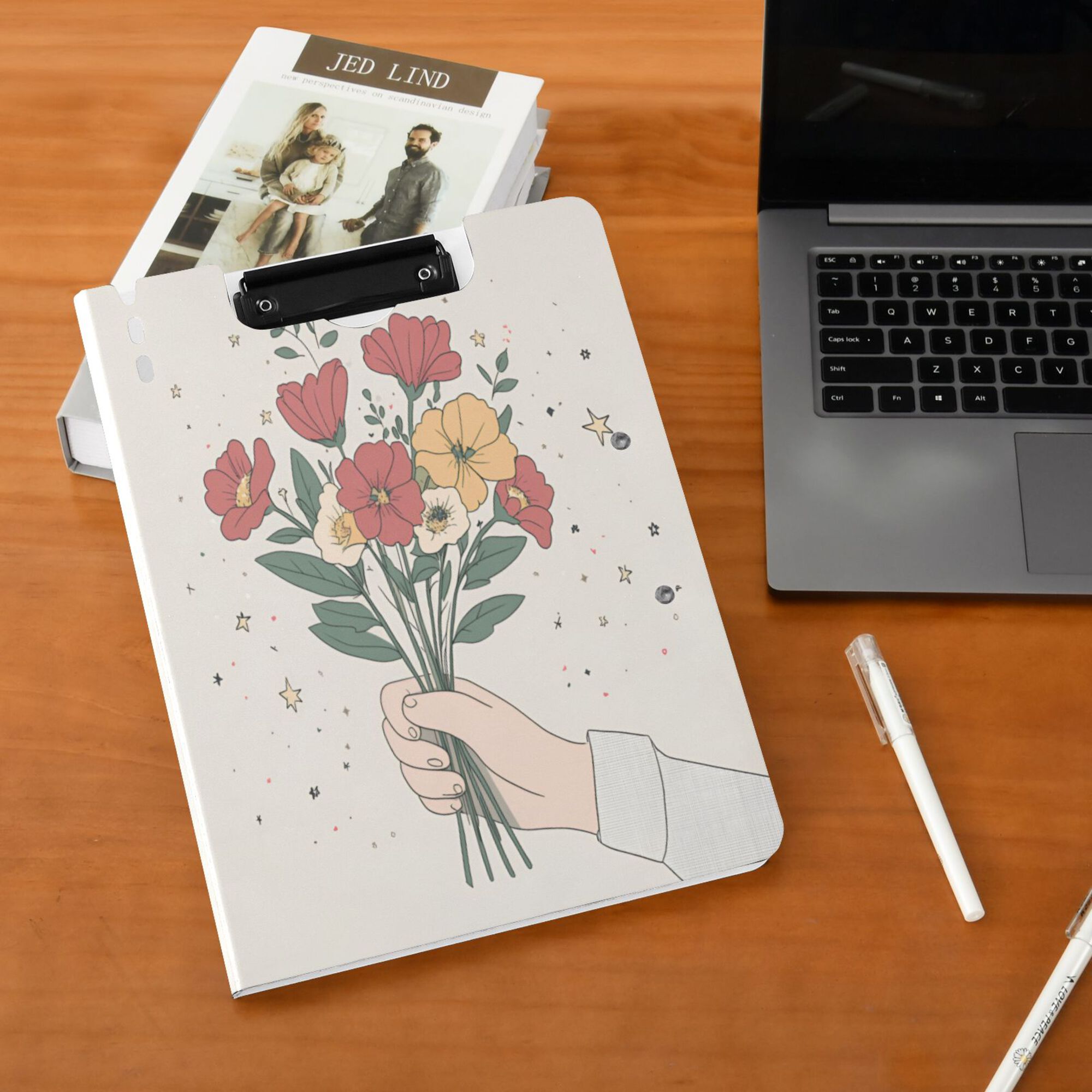 FORMRS A4 Clipboard Folder with Pen Holder Horizontal Foldable School Office Binder, Beige Cute Flower
