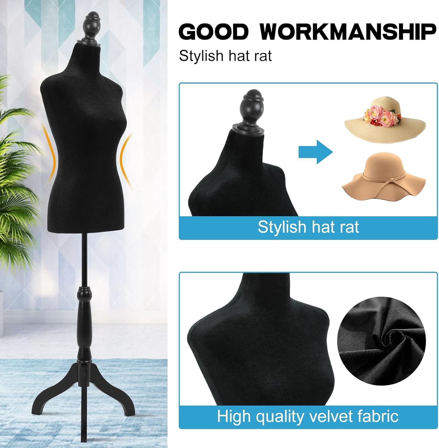 Female Torso Mannequin Dress Form with Height Adjustable Wooden Stand, Black, 1