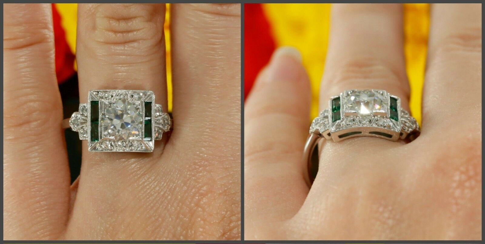 HeartsAndYou 1.5ct Round Cut Moissanite Emerald Art Deco Engagement Ring for Women 18k White Gold Over Silver