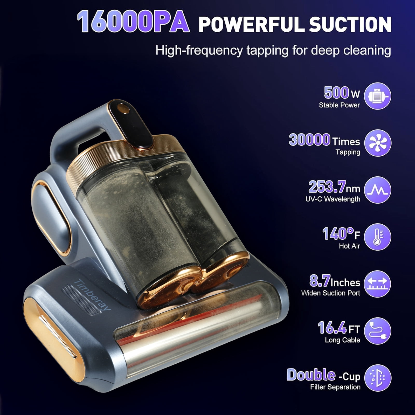 Timberay Mattress Vacuum Cleaner - 16000PA Powerful Suction Dust Mite Remover for Deep Bed Crevice Cleaning