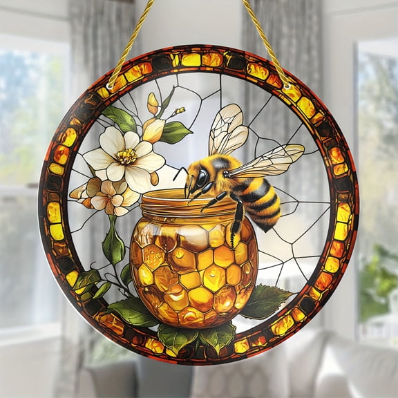 Stained Glass, Bee Themed Decor, Bee Door Knocker, Faux Stained Glass, Bee Themed Acrylic Hanging Ornament - Stained Glass Style Decorations for Home and Garden