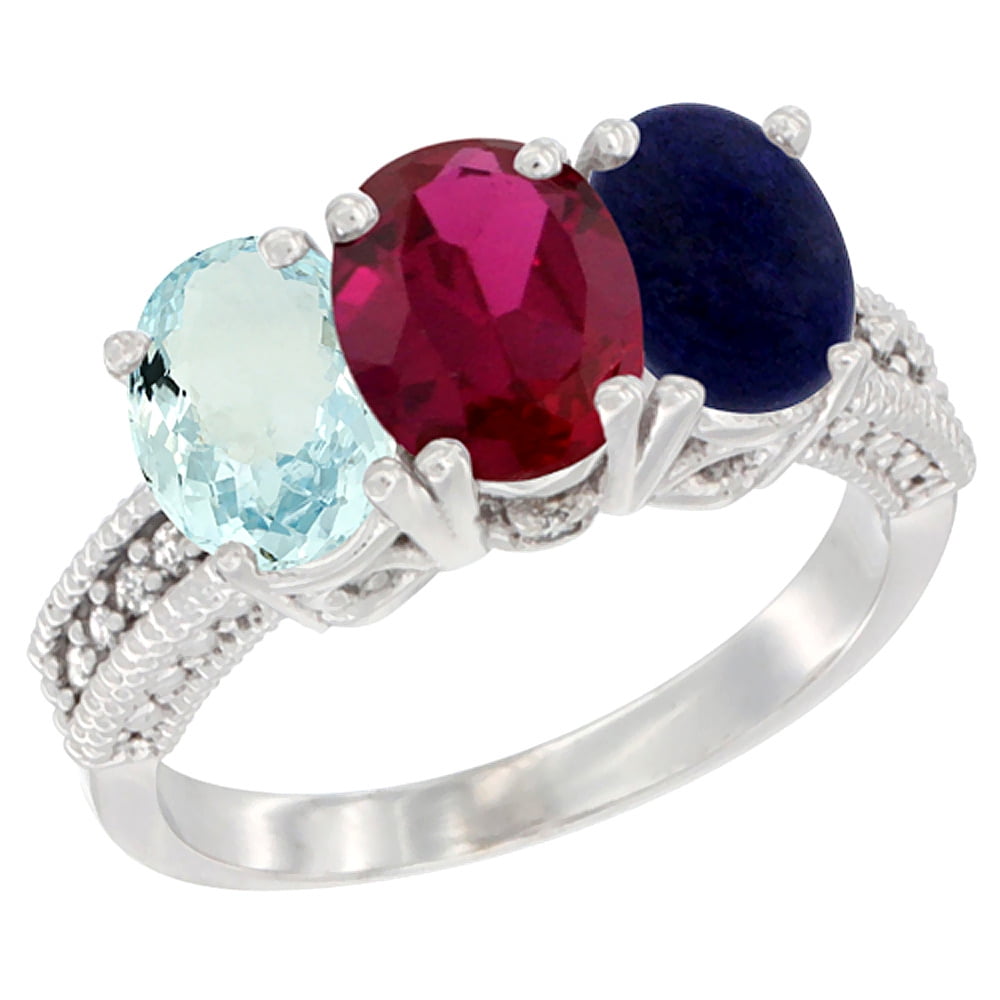 14K White Gold Natural Aquamarine, Enhanced Ruby & Natural Lapis Ring 3-Stone Oval 7x5 mm Diamond Accent, sizes 5 10 by WorldJewels