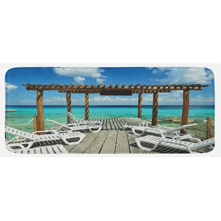

Travel Kitchen Mat Beach Sunbeds Ocean Sea Scenery with Wooden Seem Pier Image Print Plush Decorative Kitchen Mat with Non Slip Backing 47 X 19 Pale Brown White by Ambesonne