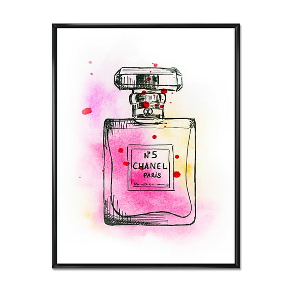 Designart 'Perfume Chanel Five Pink Strokes' French Country Framed Canvas Wall Art Print