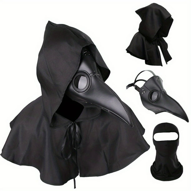 3pcs/1set Disfraz De Horror De Halloween, 1pc Máscara De Pico De Pájaro De Cuero Negro Y 1pc Capa De Tela Negra Y 1pc Balaclava Transpirable Negra, Accesorio De Fiesta De Mascarada De Halloween