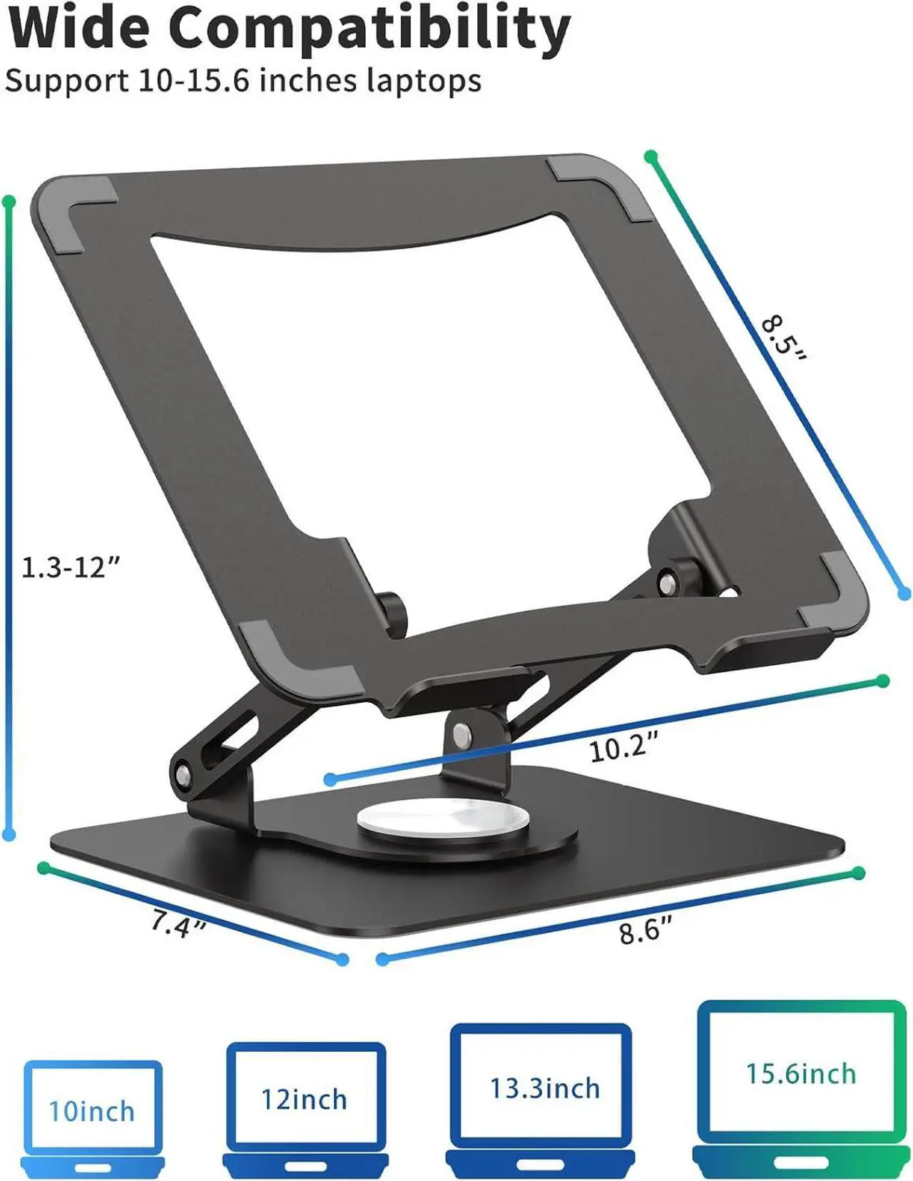 Laptop Stand with 360° Rotating Base, Ergonomic Computer Riser for Desk, Adjutable Height Muti-Angle, Foldable Laptop Mount, Stable Metal Holder Support 10-15.6" Notebook PC