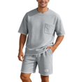 thumbnail image 3 of Mens Track Suits 2 Piece Set Short Sleeve Crew Neck Summer T Shirt And Drawstring Casual Track Shorts Sportswear Sets T Shirts Shorts Sets Fashion Retro Textured Sweatsuit Light Ashy M, 3 of 6