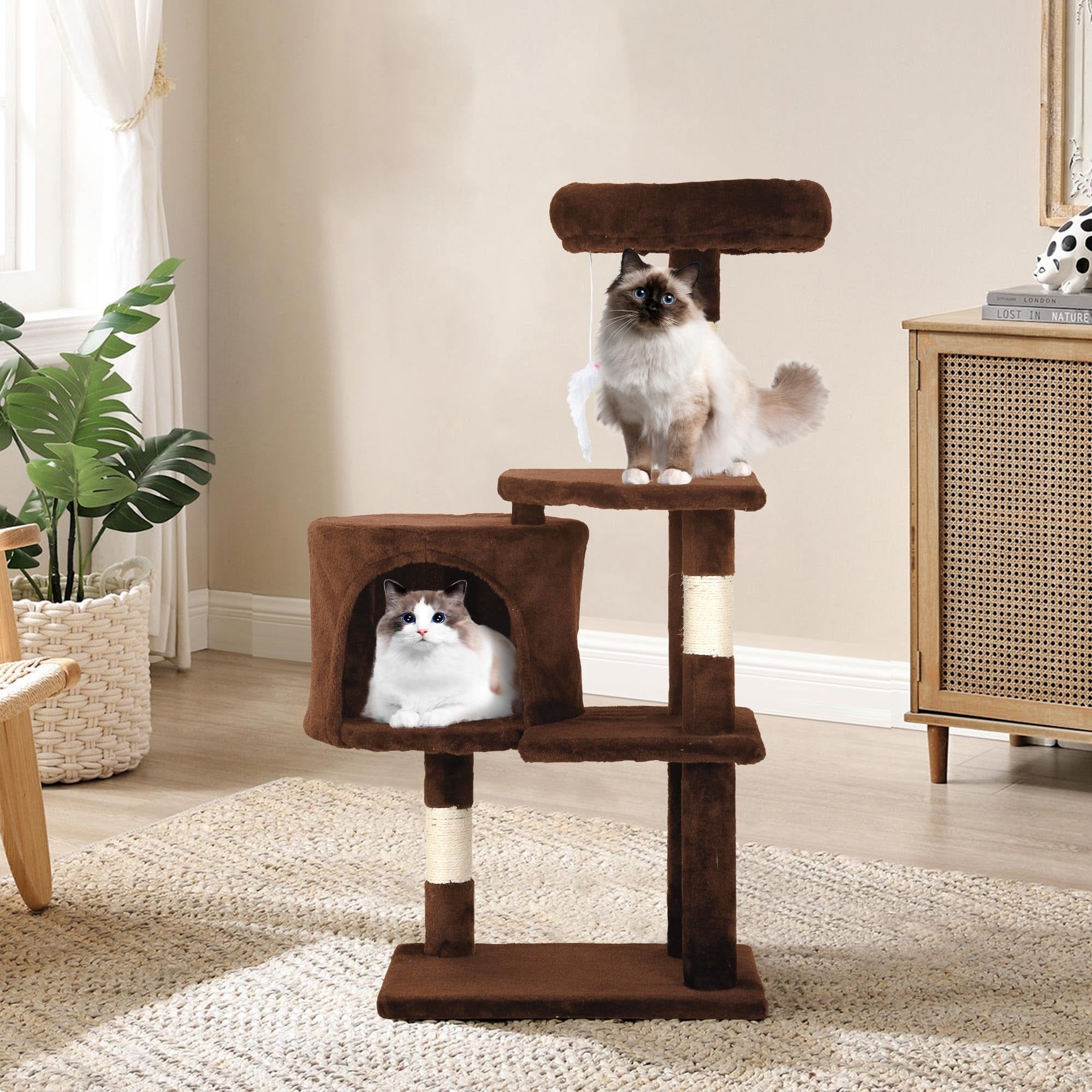 CL.HPAHKL 36 Inches Cat Tree Tower, Modern Cat Tower with Sisal Scratching Posts Small Cat House with Funny Toys Kittens Condo with Cozy Sleeping Perch for Indoor Cats, Kittens, Brown