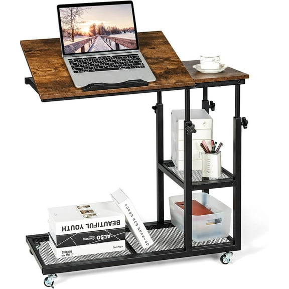 C Shaped End Table - Height Adjustable Couch Sofa Table with Tiltable Tabletop, Lockable Wheels and Storage Shelves, Mobile Side Table for Living Room, Bedroom (Rustic Brown)