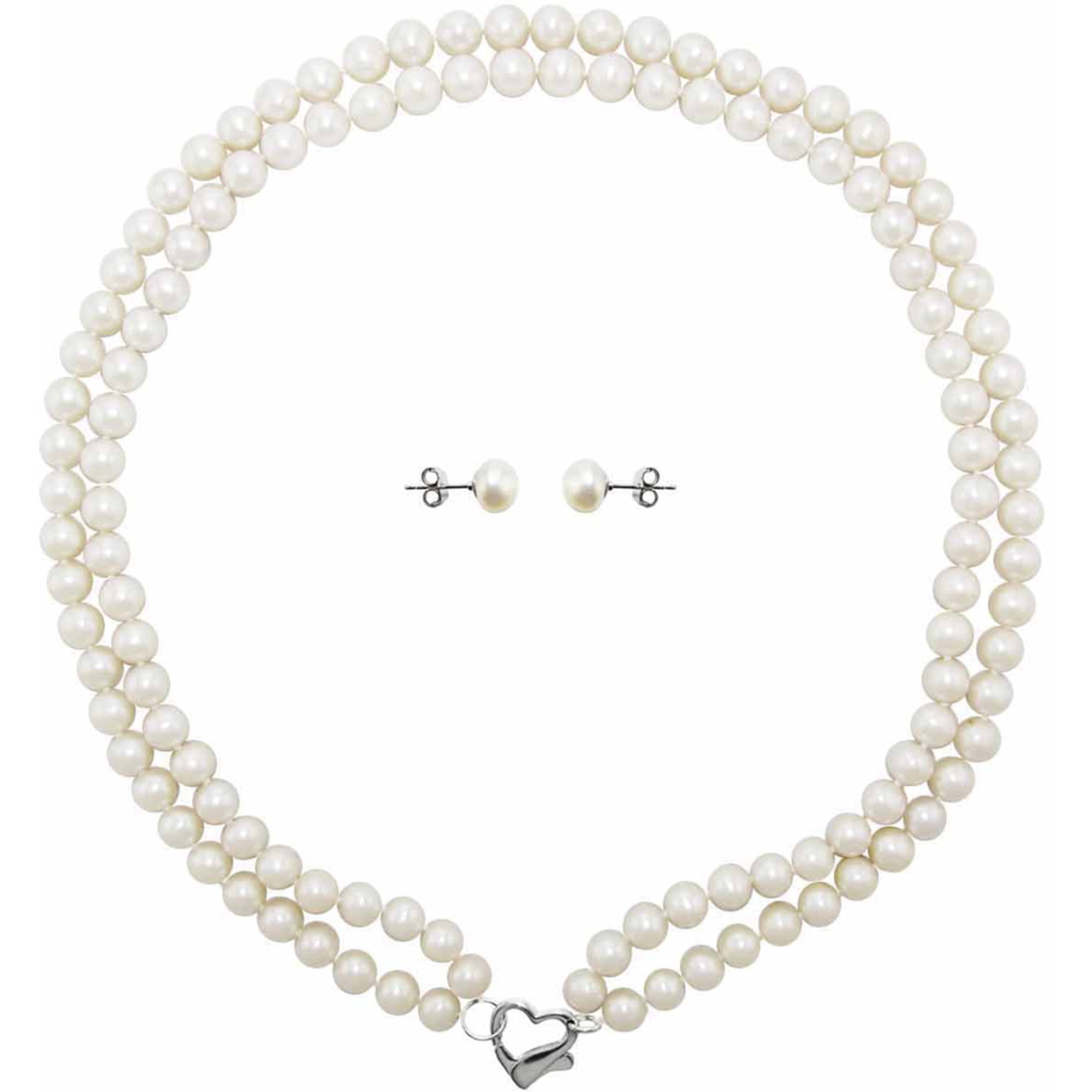 Double Row 6-7mm White Freshwater Pearl Heart-Shape Sterling Silver Clasp Necklace (18") with Bonus Pearl Stud... by Jacqueline's Collection