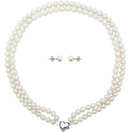 Double Row 6-7mm White Freshwater Pearl Heart-Shape Sterling Silver Clasp Necklace (18) with Bonus Pearl Stud Earrings