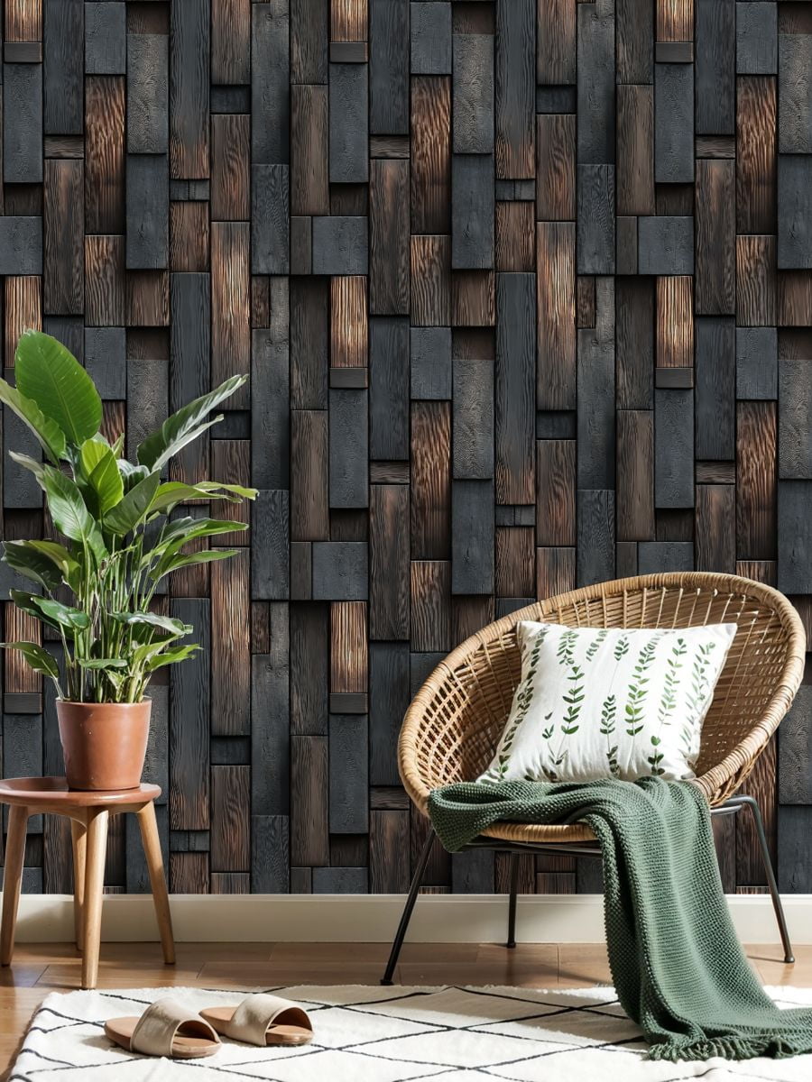 Peel and Stick Wallpaper Dark Charcoal Wood Paneling Natural Grain Patterns Wall Mural 17.7in x 9.8ft Self Adhesive Removable Wall Paper Renter Friendly Wallpaper for Nursery Bedroom Cabinets