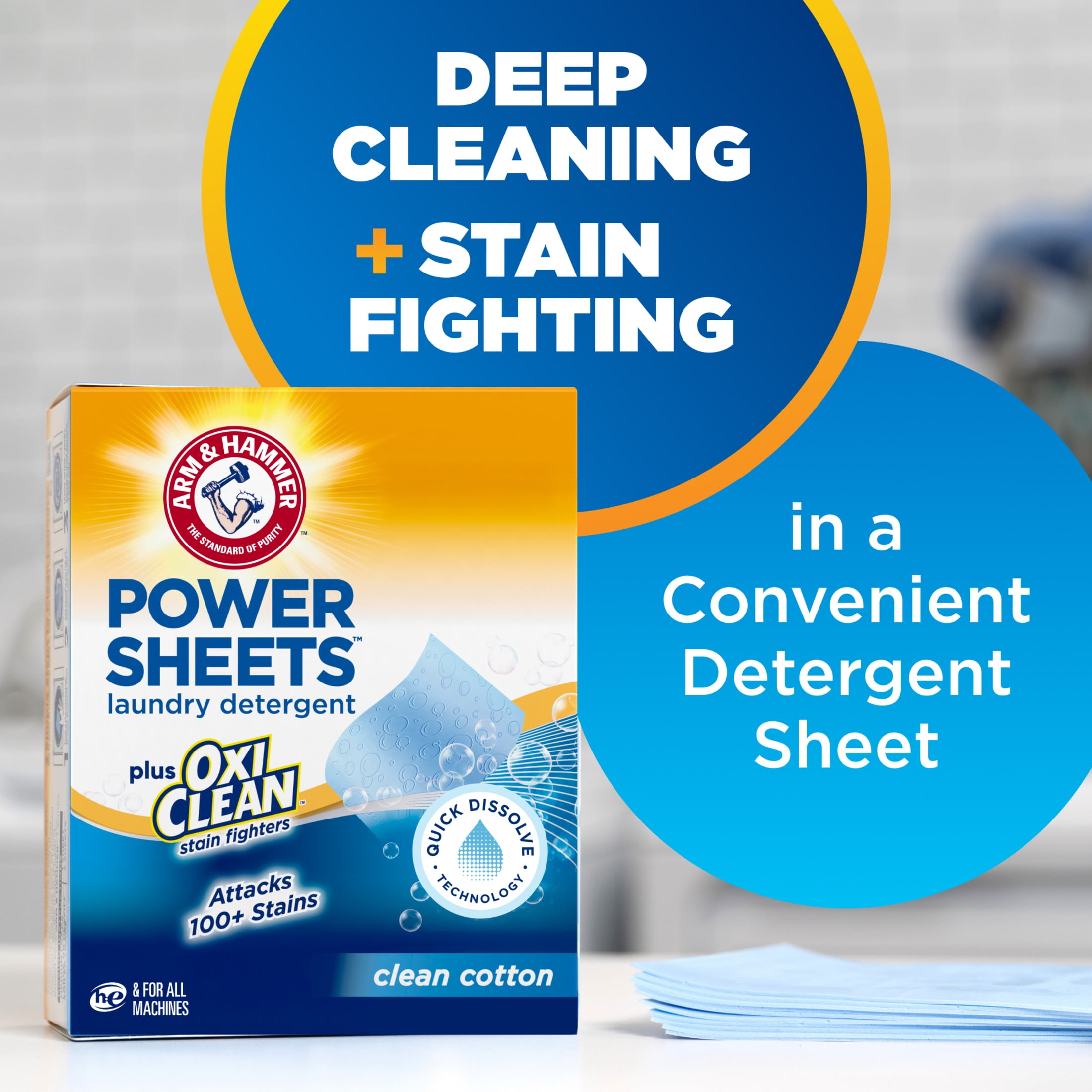 ARM & HAMMER Power Sheets Plus OxiClean Stain Fighters Laundry Detergent, Clean Cotton, 104 Count