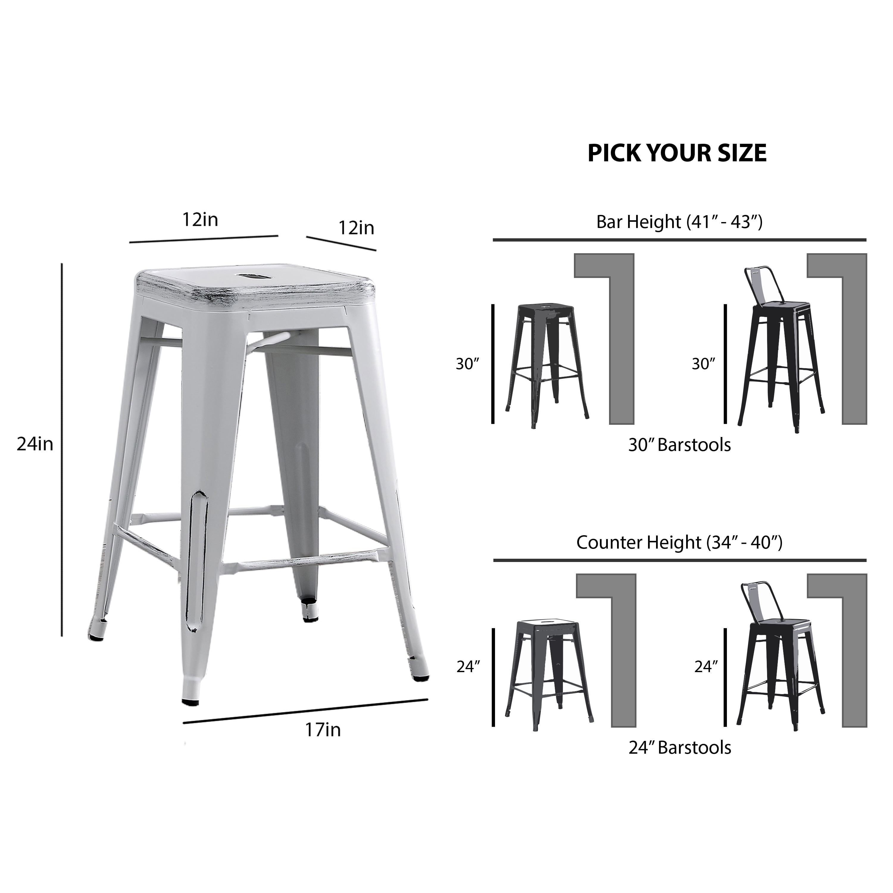 AC Pacific 24” Metal Backless Barstool Set of 2 – Country Rustic Style, Lightweight & Sturdy Build, Easy Assembly – Distressed Matte White