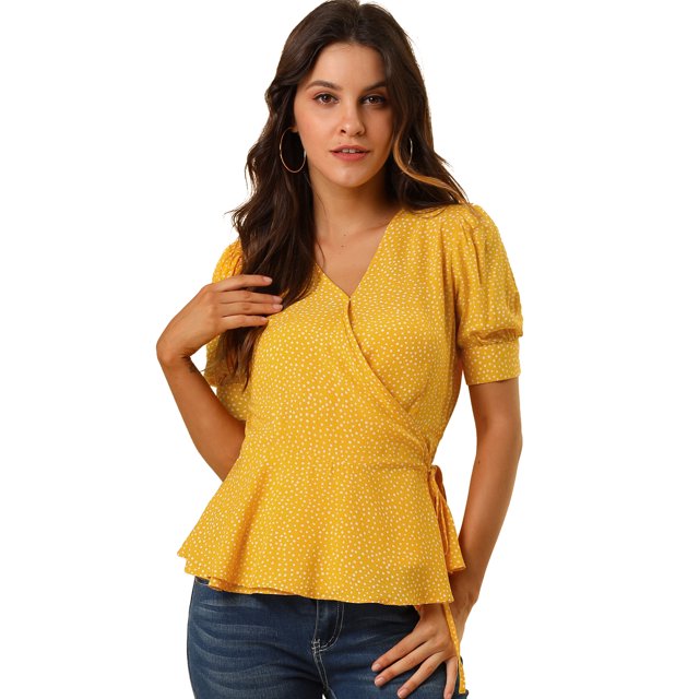 INSPIRE CHIC Hauts à Pois pour Femmes, Taille Nouée, Ourlet à Volants, Col en V