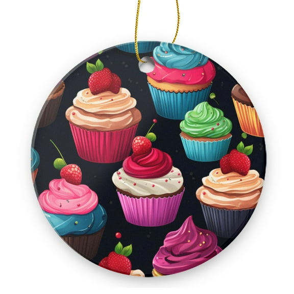 Cupcakes Pattern With Colorful Cupcakes - Christmas Ornament Xmas Keepsake Ceramic Ornaments Holiday Decorations for Tree Christmas Gift Ideas 2.95in