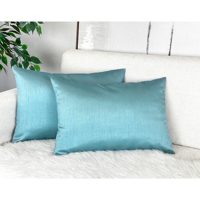 Aiking Home 12x18 Inches Faux Silk Rectangular Throw Pillow Cover, Zipper Closure, Aqua (Set of 2)
