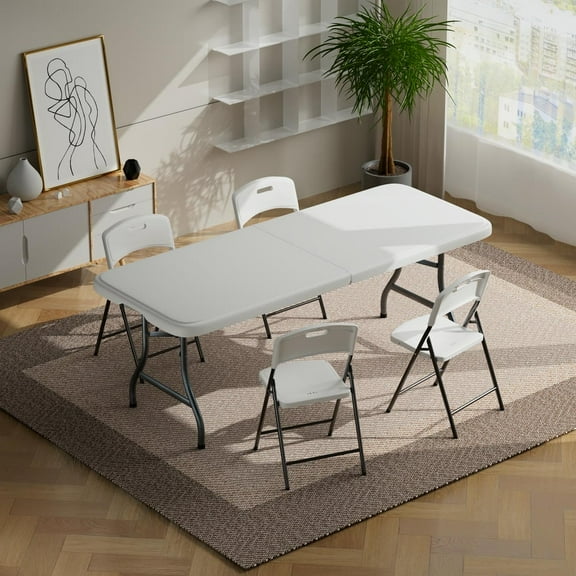 YYAo Folding Table, Portable Plastic Picnic Tables, Fold-in-Half Heavy Duty Utility Foldable Table with Handle, Dining Card Long Table, Indoor Outdoor Fold up for Camping, Picnics, Party, White