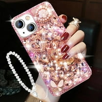 Glitter Bling Case for iPhone 15 Plus, Cute Luxury 3D Crown Crystal Rhinestone Diamond Sparkle Gemstones Pearl with Wrist Strap Chain Women Girls Phone Case for iPhone 15 Plus 6.7" (Pink)