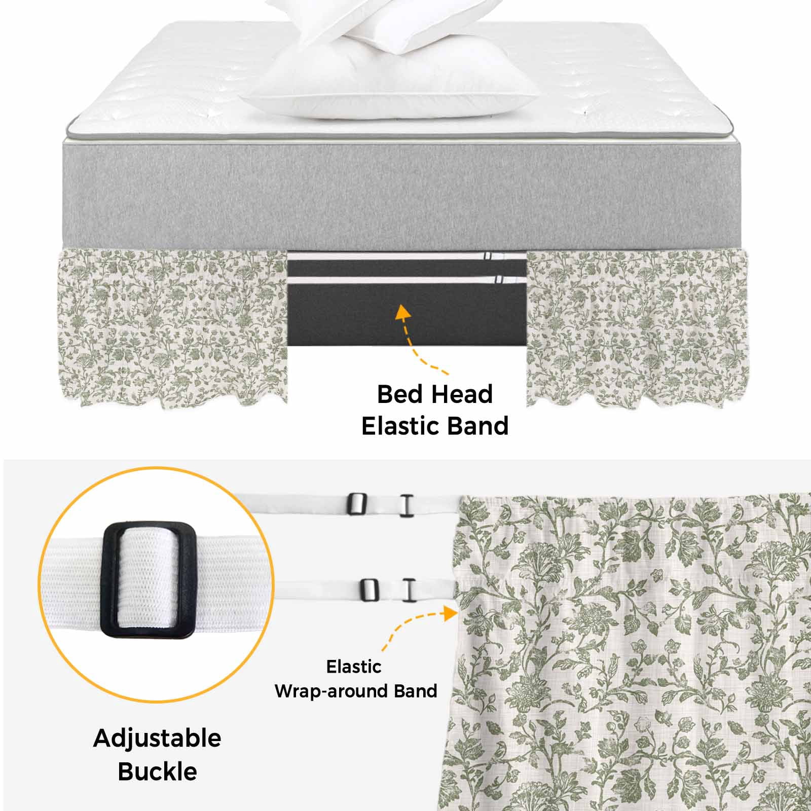 Spring Flowers Bed Skirt Queen Size,Farmhouse Sage Green Pastoral Floral Leaf Wrap Around Bed Skirting with Adjustable Elastic Strap,Dust Ruffle Pleated Bedskirts 18 Inch Drop for Bedroom Queen Beds