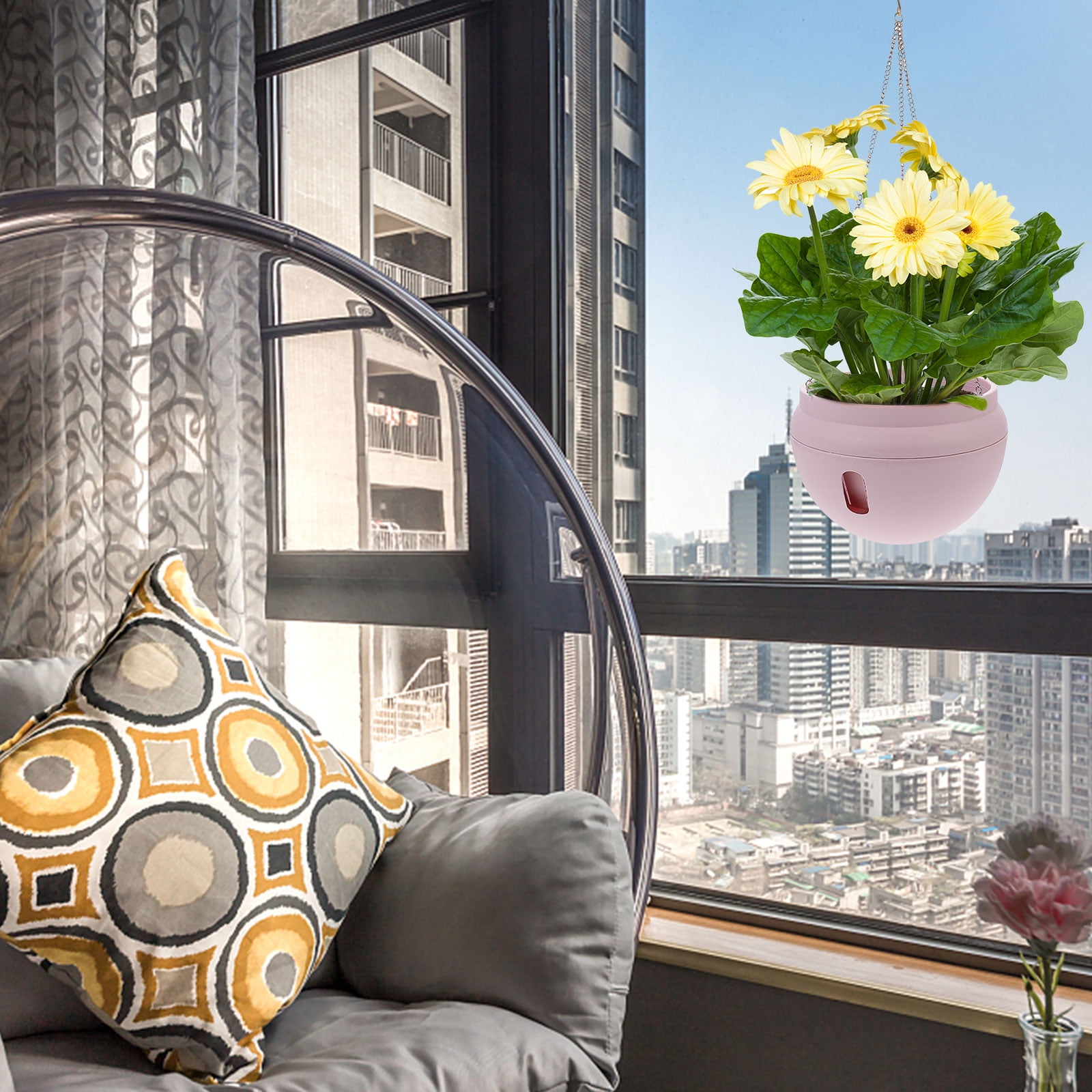 1pc Hanging Flowerpot Plastic Succulent Planter Decorative Plant Orchid Hanging Pot with Chain - Size L (Pink)