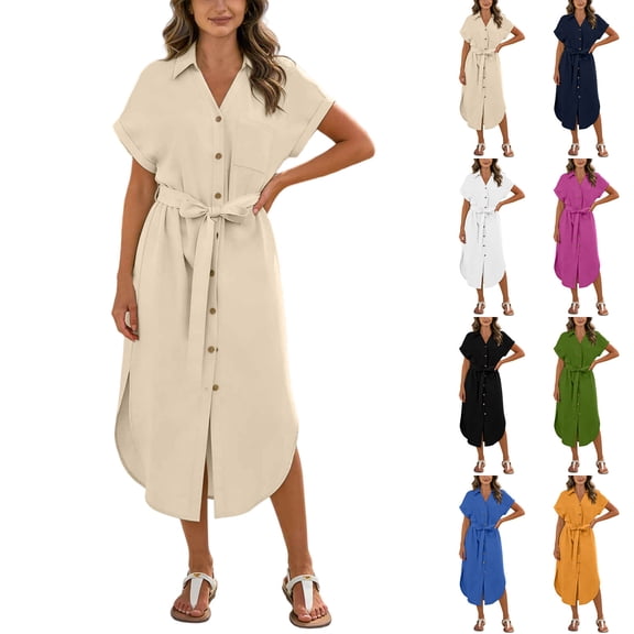 Horkkom Summer Dresses for Women Short Sleeve Button Down Maxi Shirt Dresses Loose Casual Linen Dress with Pockets, S-3XL