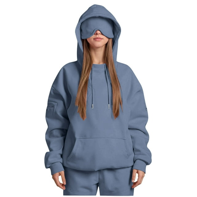 VINUSLI Hoodies for Women Fitted Plus Size Pullover Lightweight Drawstring Hoodies Jacket with Eye Mask Solid Long Sleeve Sweatshirts with Pockets Light Blue,S