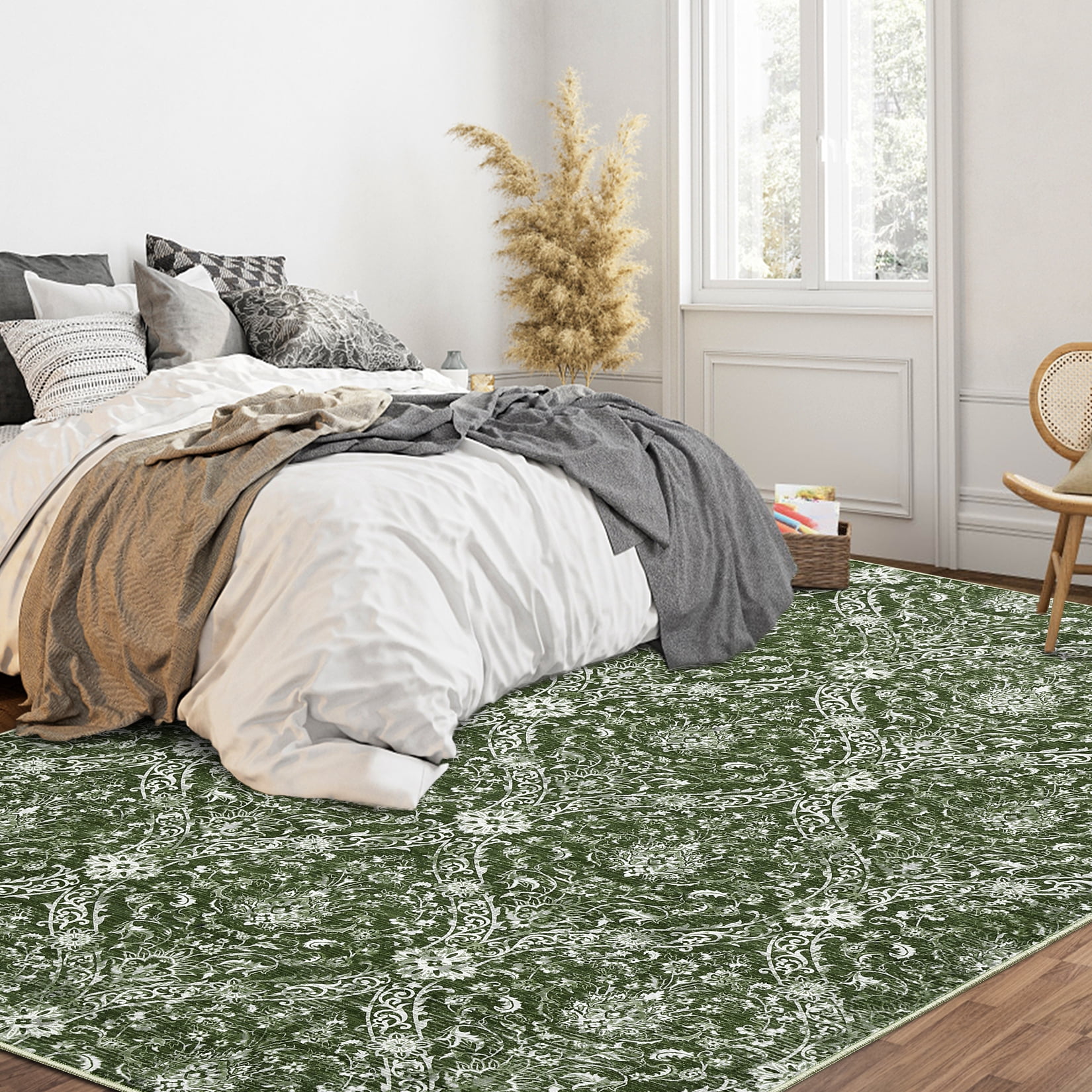 Hasoo 8' x 10' Damask Area Rug for Living Room Boho Vintage Rug Non Slip Throw Rugs Floral Bedroom Rug, Green