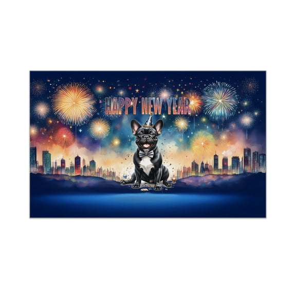 Happy New Year with French Bulldog Fireworks Holiday Xmas Winter 2025 Doormat Dog Lover Gifts Indoor Outdoor Welcome Mat - 00025