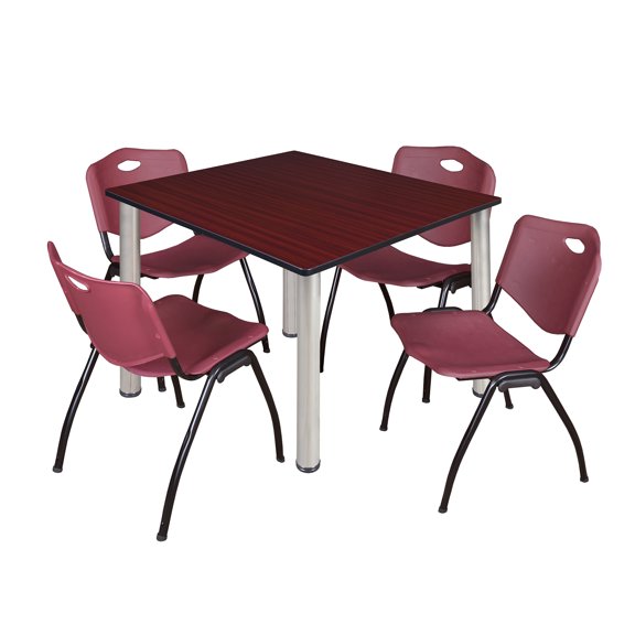 Kee 48" Square Breakroom Table- Mahogany/ Chrome & 4 'M' Stack Chairs- Burgundy