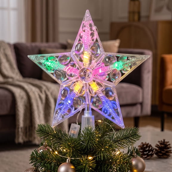 Christmas Tree Topper Star with Multicolor Twinkling LED Lights, Five Point Crystal Clear Holiday Tree Top Decoration for Home and Party Festive Display