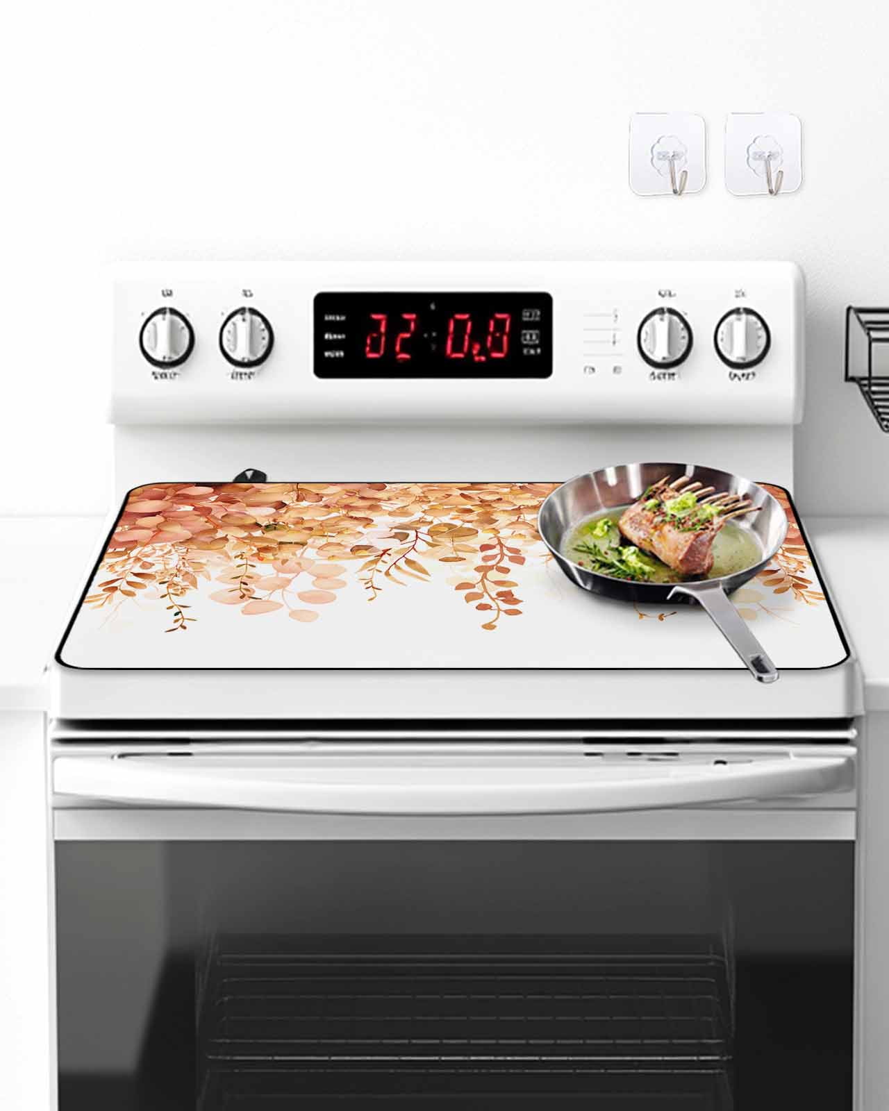 Stove Top Covers for Electric Stove, Orange Eucalyptus Leaves Glass Stovetop Cover Protector, Spring Floral Summer Botanical Induction Cooktop Protector Oven Mat for Kitchen Countertop 28.5"x20.5"