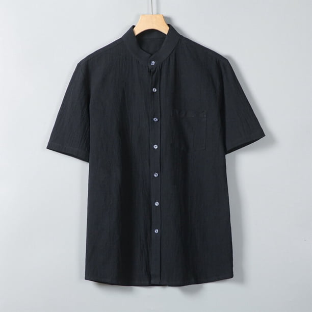 pstuiky Mangas cortas para hombre, Camisa informal de manga corta con cuello alto, bolsillos y botones de color liso para hombre camisas casuales para hombre m