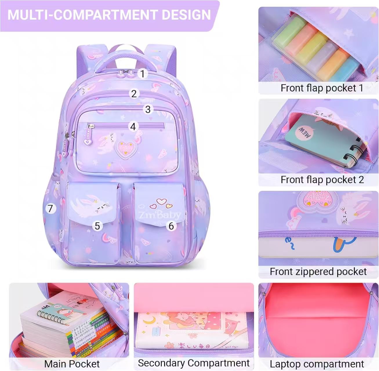 Mochila escolar para niñas, 25L resistente al desgaste, ligera, a prueba de agua, moderna, morada 2