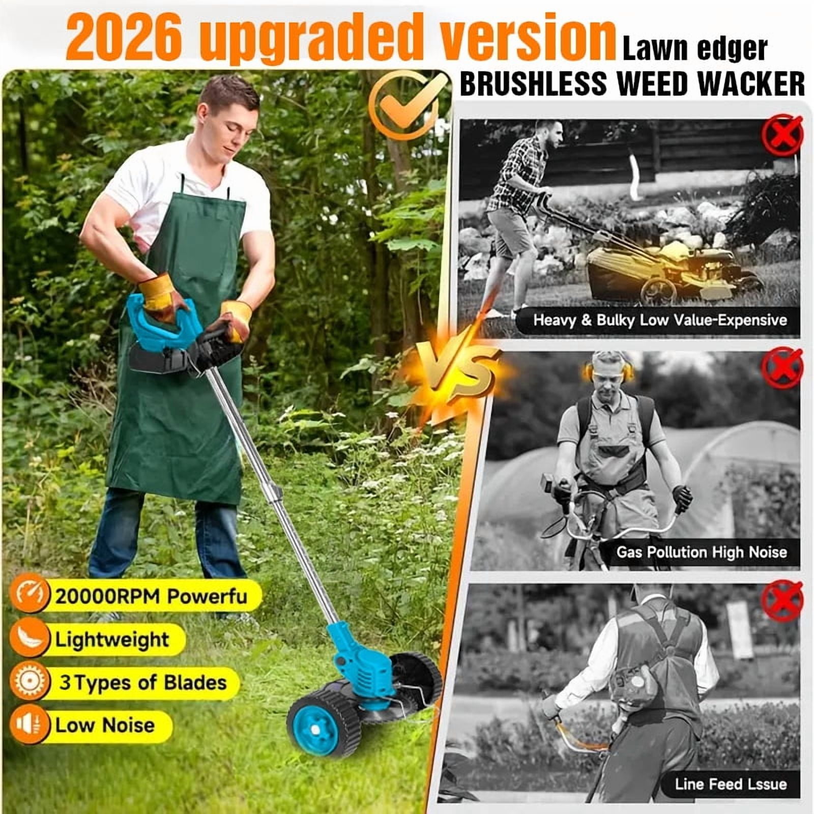 Weed Wacker Cordless Adjustable Weed Eaters wheel mower3 in 1 Electric String Trimmer Lawn with Two Battery with Charger Comes with Multiple Blades for Yard,Green,Garden gifts for Dad