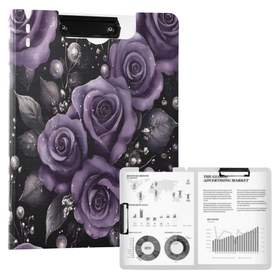 FORMRS A4 Clipboard Folder with Pen Holder Horizontal Foldable School Office Binder, Purple Roses