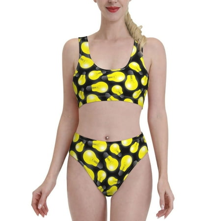 High Waisted Bikini Sets For Women  Light Bulb Pattern Bright Two Piece Swimsuit Sporty Scoop Neck Bathing Suit