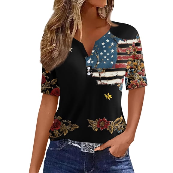 Women's Patriotic 250th Anniversary USA Shirt V-Neck Button American Flag Print Short Sleeve T-Shirts