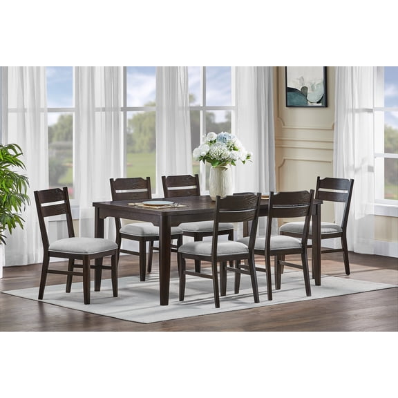 7pc Rich Dark Oak Finish Dining Set Table Upholstery Chairs Wooden Furniture