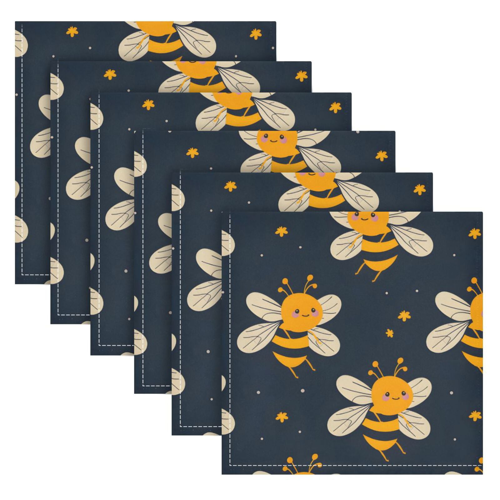 JSTEL Honey Bee Stars Cloth Napkins Set of 6, 20x20 Inch Washable and Reusable Napkin for Decoupage Dinner Party Everyday Use