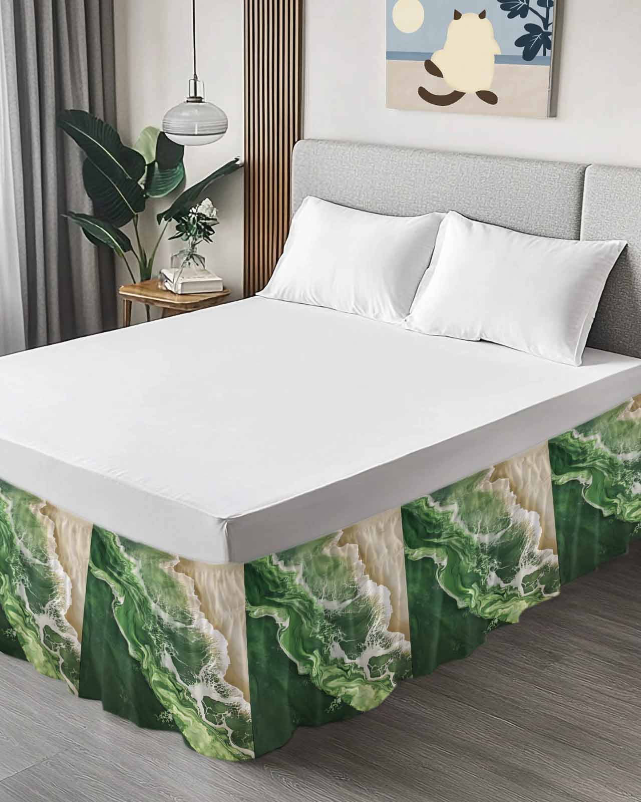 Dark Green Bed Skirt Queen Size 18" Drop Beige Gradient Ocean Wave Abstract Beach Coastal Ruffled Wrap Around Bed Skirts Adjustable Elastic Bedskirt Dust Ruffle for Queen Size Bed