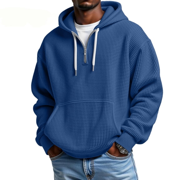 LNZGNM Mens Oversized Hoodie Waffle Solid Color Big and Tall Sweatshirts 1/4 Zipper Long Sleeve Drawstring Shirts with Pockets Athletic Winter Pullover,Royal Blue XL