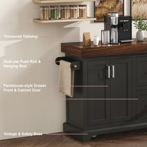 53" Large Kitchen Island with 3.5" Thick Desktop, Rolling Kitchen Cart with 5 Wheels, 2 Extra-Large Drawers & Cabinet, Spice Rack, Towel Rack, for Home, Kitchen, Dining Room, Black