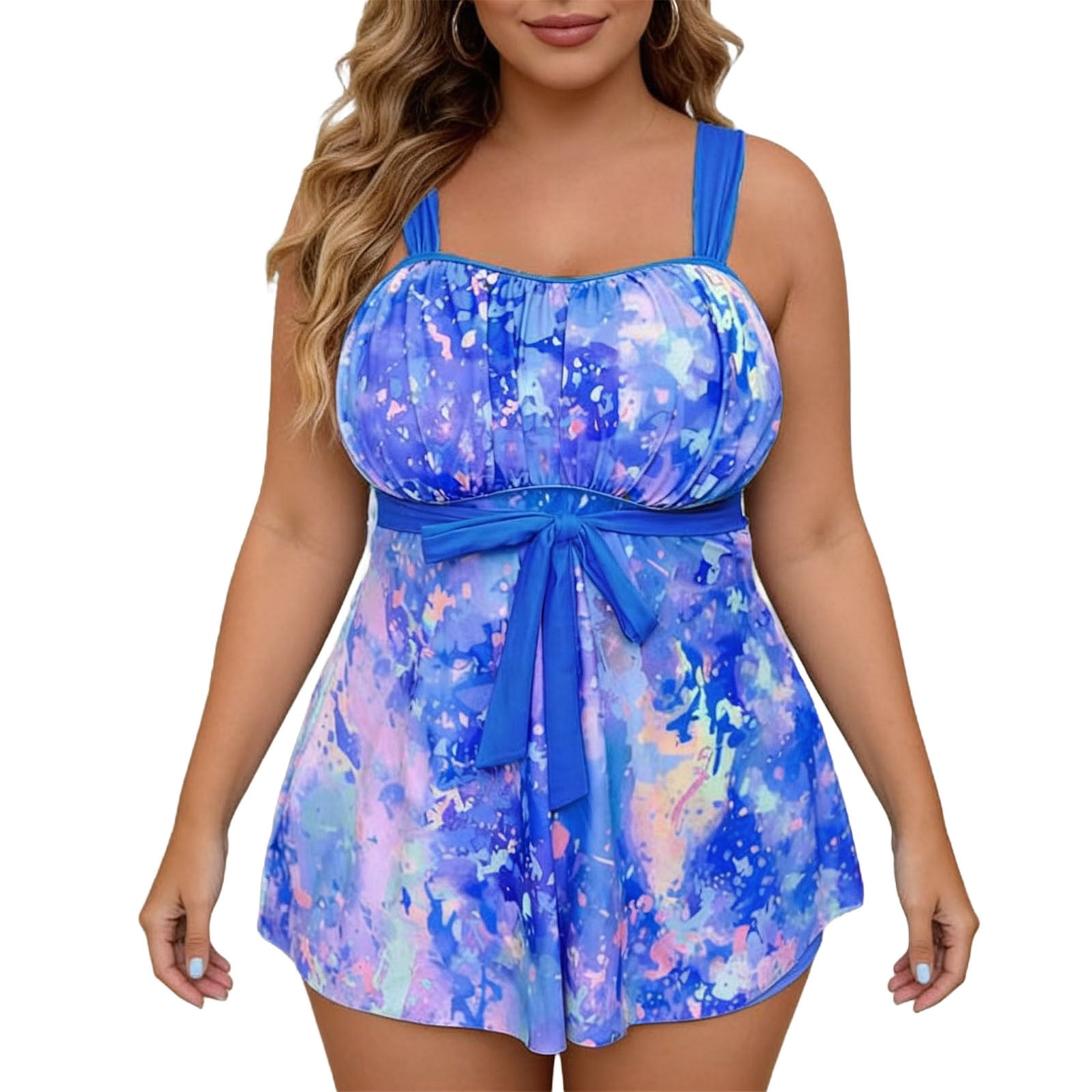 HOMBOM Women's Plus Size Tie Dye Tankini Set Two-Piece Flowy Swim Dress with Padded Bra and Boyshorts