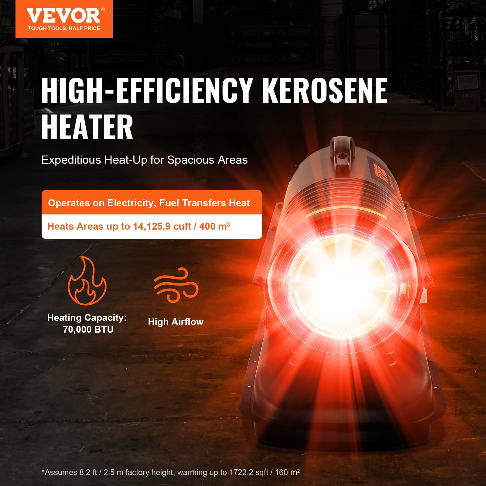 VEVOR Kerosene Forced Air Heater, 70000 BTU Portable Torpedo Diesel Space Heater with Thermostat, 5 Gallon Tank Energy-Efficient heavy-duty Heater, for Indoor Outdoor Use Workshop Industry