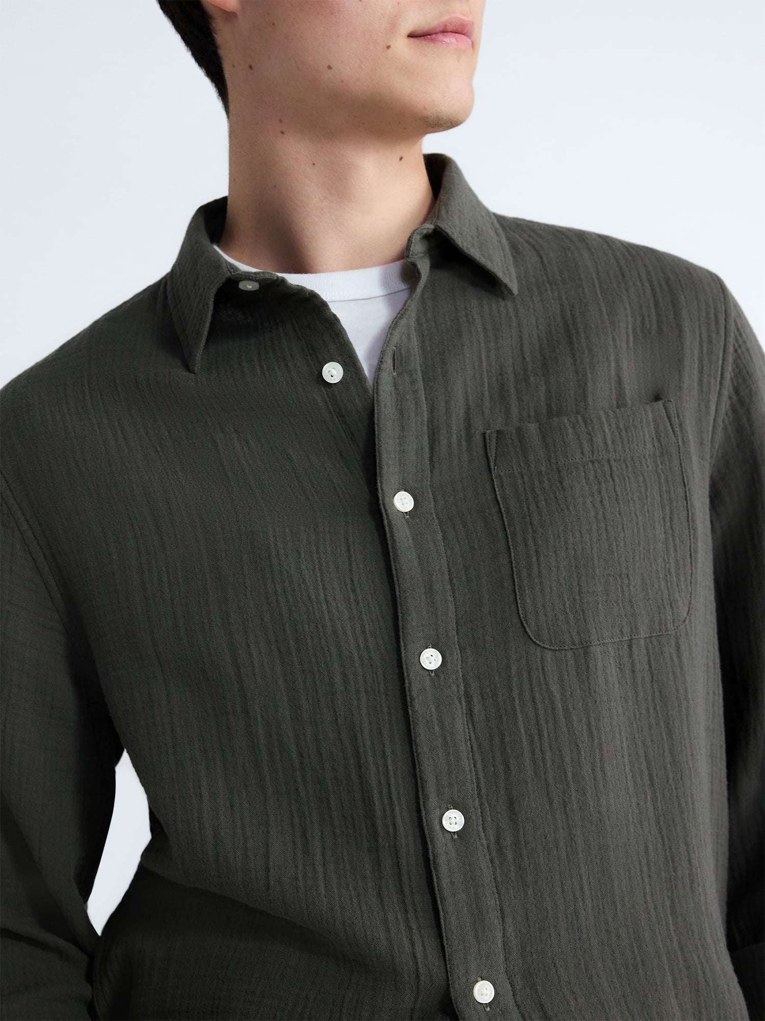 Free Assembly Men's Button Front Double Cloth Shirt with Long Sleeves, Sizes XS-3XL