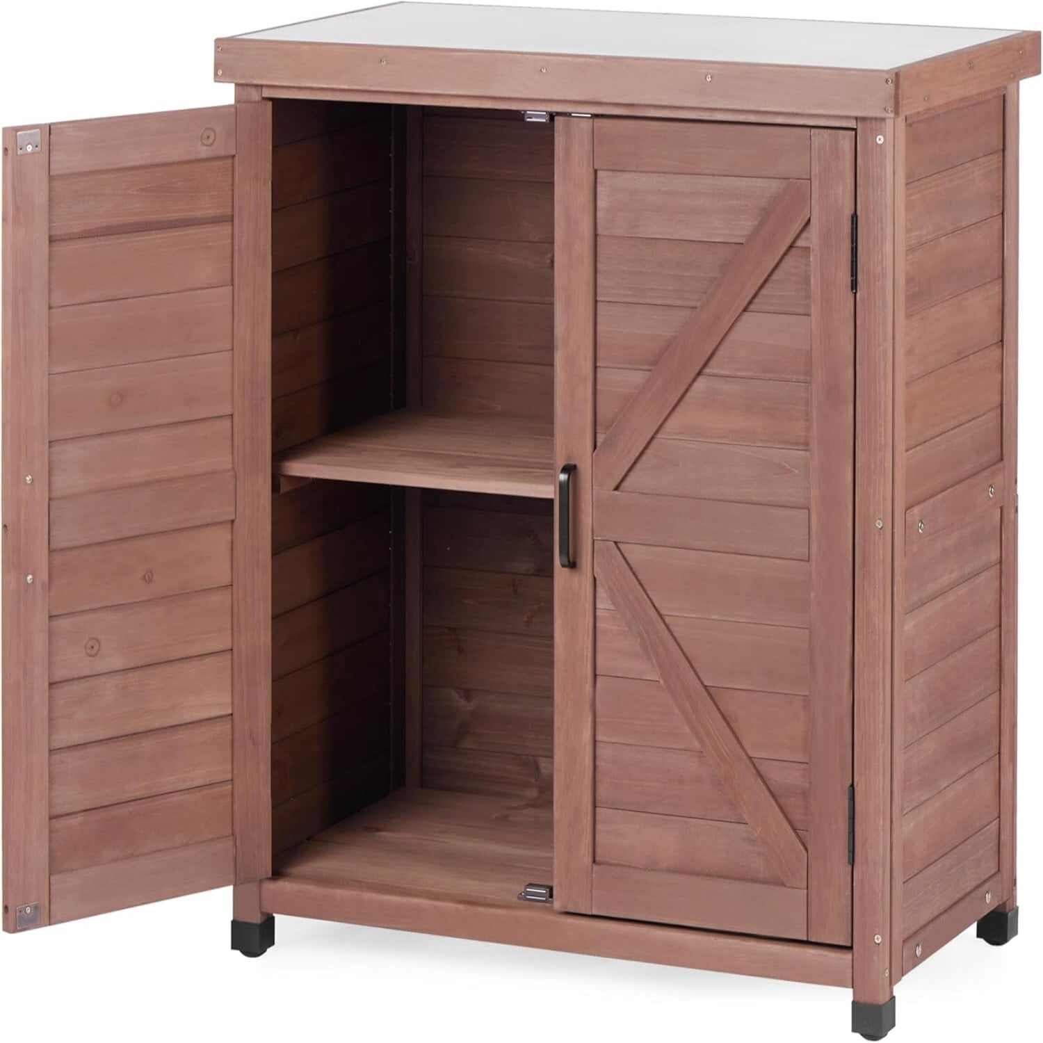 Easy4Home Wooden Outdoor Storage Cabinet with Metal Top Potting Bench Table Garden Workstation, Dark Brown