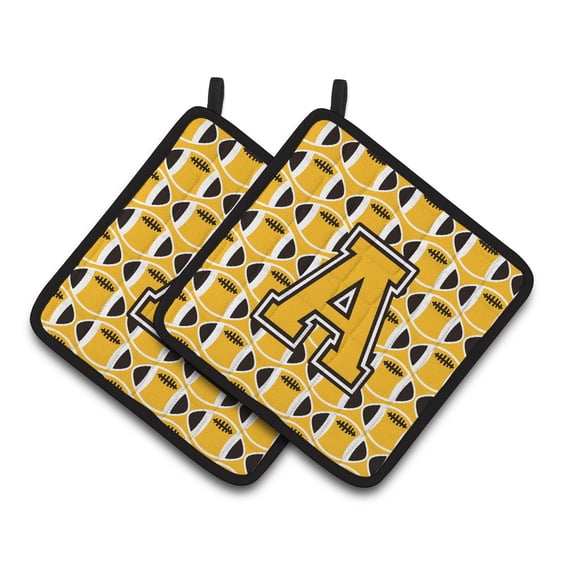 Carolines Treasures CJ1080-APTHD Letter A Football Black, Old Gold and White Pair of Pot Holders, 7.5HX7.5W, multicolor